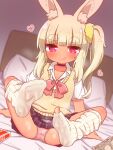  1girl :q animal_ear_fluff animal_ears arm_support banknote black_skirt blonde_hair blush bow bowtie breasts choker closed_mouth collared_shirt condom_box cum cum_on_body cum_on_clothes cum_on_feet dutch_angle full_body gyaru heart heart-shaped_pupils highres legs_up loose_socks masurao_(sekaiju) masurao_2_(sekaiju) miniskirt money naga_u no_shoes on_bed panties pink_panties plaid plaid_skirt pleated_skirt prostitution protected_link purple_choker rabbit_ears rabbit_girl red_bow red_bowtie red_eyes sekaiju_no_meikyuu sekaiju_no_meikyuu_5 shirt short_sleeves side_ponytail sitting skirt small_breasts socks soles solo steam sweater_vest symbol-shaped_pupils thick_eyebrows toenails toes tongue tongue_out torn_clothes torn_socks underwear variant_set white_shirt white_socks yellow_sweater_vest 