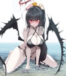  1girl absurdres bags_under_eyes bikini black_bikini black_hair black_wings blue_archive blush breasts cleavage criss-cross_halter flower fuyu_no_usagi hair_flower hair_ornament halo halterneck highres kneeling large_breasts long_hair looking_at_viewer melting_halo navel official_alternate_costume pale_skin red_eyes red_halo shallow_water smile solo stomach swimsuit tsurugi_(blue_archive) tsurugi_(swimsuit)_(blue_archive) very_long_hair water wings 