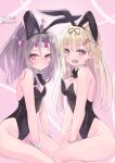  2girls absurdres animal_ears bare_legs black_bow black_bowtie black_leotard blonde_hair bow bowtie breasts cleavage commentary_request detached_collar fake_animal_ears grey_hair hachimaki hair_flaps headband high_ponytail highres hizaka kantai_collection leotard long_hair medium_breasts multiple_girls one-hour_drawing_challenge playboy_bunny rabbit_ears red_eyes small_breasts smile strapless strapless_leotard striped_headband wrist_cuffs yuudachi_(kancolle) zuihou_(kancolle) 