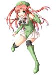  alternate_costume alternate_hairstyle bad_id bad_pixiv_id blush bow braid green_eyes hair_bow hat hong_meiling long_hair magical_girl mochi.f one_eye_closed red_eyes red_hair solo thighhighs tonfa touhou twin_braids weapon 