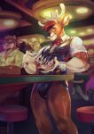 anthro big_bulge bovid brown_hair bulge caprine card casino casino_table clothed clothing deer digital_media_(artwork) felid fur goat group hair handwear hi_res horn latex latex_clothing latex_handwear latex_underwear looking_at_viewer low-angle_view male mammal muscular muscular_male mustelid nipples orange_body orange_eyes orange_fur otter pantherine partially_clothed pecs playing_card redsmock shaded slot_machine smile soft_lighting solo solo_focus tiger topwear underwear watermark