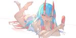  1girl alice_(s7nsles) bare_legs barefoot blue_eyes blue_hair blush breasts commentary crossed_arms english_commentary feet food hair_between_eyes highres holding holding_food holding_popsicle horns large_breasts long_hair looking_at_viewer lucadark_art lying melting multicolored_hair nail_polish on_stomach oni oni_horns open_mouth original panties pink_hair pink_nails pointy_ears popsicle shirt simple_background solo teeth the_pose tongue tongue_out two-tone_hair underwear very_long_hair white_background white_panties white_shirt 