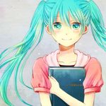  aqua_hair blush book happy_tears hatsune_miku long_hair looking_at_viewer mochizuki_mina smile solo tears twintails vocaloid 