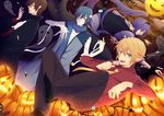  bandages blonde_hair blue_hair blue_scarf brown_hair candy chi_yu dutch_angle food ghost glasses halloween highres hiyama_kiyoteru jack-o'-lantern kagamine_len kaito kamui_gakupo lollipop long_hair male_focus moon multiple_boys pointy_ears pumpkin purple_hair scarf vocaloid 