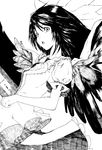  face feathers greyscale hands monochrome open_mouth reiuji_utsuho sabiirodoramu solo surprised touhou traditional_media wind wings 