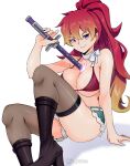  1girl absurdres ao_no_exorcist arm_support bikini bikini_top_only black_footwear black_thighhighs blonde_hair boots breasts cleavage denim denim_shorts drawing_sword gradient_background hair_between_eyes highres holding holding_sword holding_weapon human_scabbard jrpulse katana kirigakure_shura knee_boots large_breasts long_hair multicolored_hair paid_reward_available ponytail purple_eyes red_bikini red_hair shorts sitting smile solo swimsuit sword tattoo thighhighs thighs weapon white_background 