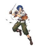  1boy angry belt black_footwear black_gloves blue_eyes blue_hair boots brown_belt clenched_teeth dagger fingerless_gloves fire_emblem fire_emblem:_thracia_776 fire_emblem_heroes full_body gloves grey_pants knife official_art otorihara pants perne_(fire_emblem) teeth third-party_source torn_clothes weapon 
