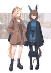  2girls admire_vega_(umamusume) animal_ears bag black_footwear blonde_hair blush boots breasts brown_hair closed_mouth coat ear_covers ear_ornament full_body hair_between_eyes highres horse_ears horse_girl horse_tail jacket katuko_deluxe long_hair long_sleeves multiple_girls narita_top_road_(umamusume) open_clothes open_jacket purple_eyes shirt shoes short_hair single_ear_cover sleeves_past_wrists smile standing sweater tail thighhighs umamusume 