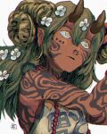  1girl arm_tattoo facial_tattoo flower goat_horns green_hair hair_flower hair_ornament horns nose_piercing nose_ring oni_horns original piercing simple_background solo tattoo ttanne upper_body white_background yellow_eyes 