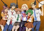  3girls blonde_hair blue_eyes blue_hair blush bow brown_eyes brown_hair closed_eyes earrings gen_(enji) glasses green_eyes green_hair hand_on_shoulder jewelry long_hair luca_angeloni macross macross_frontier matsuura_nanase microphone mikhail_buran multiple_boys multiple_girls necktie one_eye_closed open_mouth pantyhose pointy_ears ponytail purple_hair ranka_lee recording_studio saotome_alto school_uniform sheryl_nome short_hair shorts single_earring skirt smile studio_microphone thighhighs 