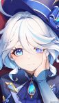  blue_brooch blue_dress blue_eyes blue_gemstone blue_hair blue_headwear cowlick crying crying_with_eyes_open dress drop-shaped_pupils furina_(genshin_impact) ge_zhong_kuaile gem genshin_impact hand_on_another&#039;s_cheek hand_on_another&#039;s_face hat heterochromia light_blue_hair mismatched_pupils red_background tears top_hat 