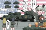  3girls @_@ absurdres american_flag anchovy_(girls_und_panzer) anzio_(emblem) anzio_military_uniform belt black_hair black_necktie black_ribbon blonde_hair braid carpaccio_(girls_und_panzer) commentary_request cup disposable_cup drill_hair drinking_straw emblem food french_fries girls_und_panzer green_hair hair_ribbon hand_up highres long_hair m24_chaffee m26_pershing m4_sherman mcdonald&#039;s military_vehicle motor_vehicle multiple_girls necktie pavement pepperoni_(girls_und_panzer) pineapple_pizza pizza ribbon sam_browne_belt sherman_firefly short_hair side_braid speech_bubble sweatdrop tank teisei_sagishi translation_request twin_drills twintails 