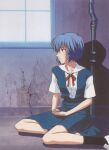  1girl ayanami_rei black_socks blue_hair gainax highres light neon_genesis_evangelion official_art red_eyes red_ribbon ribbon school_uniform shadow short_hair socks solo tokyo-3_middle_school_uniform white_footwear white_socks window 