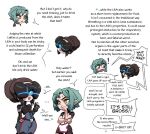  2girls arms_at_sides bad_link blue_hair brown_hair des_(desvitio) disgust english_commentary lily_(desvitio) motor_vehicle multiple_girls neck nose open_mouth original science_fiction short_hair smile standing surprised thighs thinking v-shaped_eyebrows yellow_eyes 