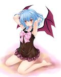  adjusting_hair armpits bad_id bad_pixiv_id barefoot bat_wings blue_hair bow cameltoe lingerie mouth_hold nekokotei no_hat no_headwear no_panties red_eyes remilia_scarlet see-through short_hair slit_pupils solo touhou underwear underwear_only wings 
