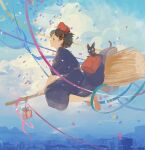  1girl absurdres bag black_cat black_eyes black_hair black_robe blue_sky bow_hairband box broom broom_riding brown_footwear cat city cityscape cloud commentary confetti flying from_side full_body gift gift_box hairband highres jiji_(majo_no_takkyuubin) kiki_(majo_no_takkyuubin) loafers looking_ahead majo_no_takkyuubin midair mountain procreate_(medium) profile red_bag red_hairband robe shoes short_hair shoulder_bag sky smile solo symbol-only_commentary witch yamasakiu 