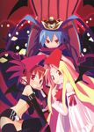  2girls absurdres bat_wings blonde_hair demon_girl disgaea etna flat_chest flonne flonne_(fallen_angel) highres jewelry laharl multiple_girls official_art prinny red_eyes red_hair tail thighhighs throne wings yamamoto_keiji 