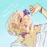  1boy areeeee_k bishounen blue_background blue_flower bracelet bug butterfly ensemble_stars! flower hair_flower hair_ornament happy_birthday highres jewelry male_focus open_clothes open_robe petals pink_flower purple_butterfly robe simple_background solo tenshouin_eichi white_flower white_robe 