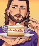  1boy baldur&#039;s_gate baldur&#039;s_gate_3 beard brown_hair cake connected_beard dungeons_and_dragons eating facial_hair food full_beard gale_(baldur&#039;s_gate) highres holding holding_plate kalium_(jojajoja99999) looking_to_the_side male_focus mature_male medium_hair plate solo strawberry_shortcake thick_eyebrows tongue tongue_out upper_body 