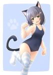  1girl :d animal_ear_fluff animal_ears bare_arms bare_shoulders black_hair blue_background blue_one-piece_swimsuit breasts cat_ears cat_girl cat_tail commentary_request feet_out_of_frame green_eyes hair_between_eyes hair_ornament hairclip hand_up head_tilt highres looking_at_viewer new_school_swimsuit no_shoes one-piece_swimsuit original outline paw_hair_ornament paw_pose school_swimsuit shibacha small_breasts smile solo standing standing_on_one_leg striped striped_thighhighs swimsuit tail thighhighs two-tone_background white_background white_outline 