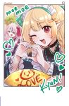  2girls ahoge apron blonde_hair blurry blurry_background eyepatch food green_nails hakamii heart heart_hands highres ketchup long_hair maid_apron maid_headdress maria_marionette multiple_girls nijisanji nijisanji_en omelet omurice one_eye_closed pink_hair pointy_ears pomu_rainpuff pomu_rainpuff_(2nd_costume) purple_eyes red_eyes virtual_youtuber white_apron 