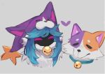  1girl animal bell cats_vs_dogs_kindred cropped_head dog green_hair grey_background head_only heart hood hood_up kindred_(league_of_legends) lamb_(league_of_legends) league_of_legends long_hair neck_bell official_alternate_costume pink_eyes ramssa simple_background wolf_(league_of_legends) 