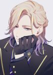  13_(bbr584607091) 1boy arm_support black_gloves black_jacket black_shirt blonde_hair blue_vest buttons collared_shirt commentary frown gloves gold_trim gradient_hair grey_background highres jacket looking_at_viewer male_focus multicolored_hair night_raven_college_uniform purple_eyes purple_hair shirt simple_background solo swept_bangs symbol-only_commentary twisted_wonderland upper_body vest vil_schoenheit 