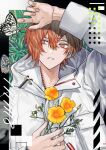  1boy absurdres black_background bug butterfly facing_viewer flower highres holding holding_flower jacket junjam long_sleeves looking_to_the_side male_focus miyama_kei multicolored_background orange_butterfly orange_eyes orange_hair paradox_live short_hair smile solo teeth white_background white_butterfly white_jacket yellow_flower 