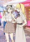  2girls :o belt black_belt black_bow black_bowtie blonde_hair blue_eyes blurry blurry_background bow bowtie breasts brown_skirt collarbone collared_dress dress food food_on_face frilled_shirt frills green_eyes grey_dress hairband hand_on_another&#039;s_arm hand_on_own_hip hand_up hat hat_bow heanna_sumire highres holding holding_food holding_ice_cream ice_cream ice_cream_cone index_finger_raised kisetsu long_hair looking_at_another love_live! love_live!_superstar!! multiple_girls off-shoulder_shirt off_shoulder parted_lips photo_background plaid plaid_skirt polka_dot_headwear red_hairband shirt shirt_tucked_in short_hair skirt soft_serve standing tang_keke 
