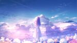  1girl absurdres amenomori_howa backlighting blurry bow cart cat cloud cloudy_sky contrail depth_of_field dress dress_bow flower from_behind highres hill holding holding_flower light light_particles long_hair original petals scenery sky solo sunlight white_dress 