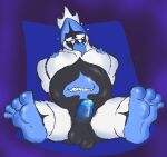 balls belly blue_penis bodily_fluids bound deltarune feet foot_focus gaygoat genital_fluids genitals hands_tied hi_res king_spade male penis precum presenting slightly_chubby solo tongue tongue_out undertale_(series)
