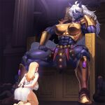  2girls abs animal_ears armor ass black_skin boots breasts colored_skin covered_nipples dark-skinned_female dark_skin giant giantess grey_hair huge_ass huge_breasts kisuu large_breasts long_hair multiple_girls muscular muscular_female on_chair original seiza sitting size_difference thick_thighs thighs very_dark_skin 
