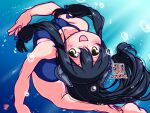  1girl artist_logo black_hair blue_one-piece_swimsuit breasts dated freediving headgear i-47_(kancolle) kantai_collection kutone_shirika long_hair one-piece_swimsuit open_mouth school_uniform small_breasts smile solo swimsuit underwater yellow_eyes 