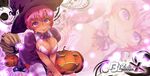  blz breasts broom cleavage dark_skin halloween hat jack-o'-lantern kneeling large_breasts original pink_hair pumpkin purple_eyes short_hair solo striped striped_legwear thighhighs witch_hat zoom_layer 