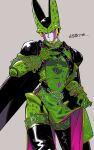  1boy adapted_costume armor belt black_cape black_footwear boots cape cell_(dragon_ball) chain cowboy_shot dragon_ball facial_mark gloves green_gloves green_shirt green_tabard grey_hair harness male_focus o-ring pauldrons pelvic_curtain pink_eyes saiko67 shirt shoulder_armor simple_background skirt_hold solo tabard thigh_boots 