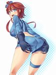  ass blue_eyes fuuro_(pokemon) gym_leader hair_ornament looking_back mamedenkyuu_(berun) open_mouth pokemon pokemon_(game) pokemon_bw red_eyes red_hair short_hair solo suspenders trefoil 