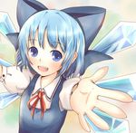  aikawa_ryou blue_eyes blue_hair bow cirno hair_bow hands neck_ribbon outstretched_arms ribbon short_hair solo touhou wings 