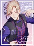  13_(bbr584607091) 1boy black_shirt blonde_hair border bow bowtie character_name collared_shirt commentary dated gradient_background gradient_hair hand_on_own_hip hand_up happy_birthday highres jacket letterman_jacket looking_at_viewer male_focus multicolored_hair parted_bangs pink_background plaid plaid_vest purple_background purple_bow purple_bowtie purple_eyes purple_hair purple_jacket purple_vest shirt short_hair smile solo symbol-only_commentary twisted_wonderland upper_body vest vil_schoenheit 