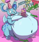 2024 animated belly big_belly big_butt birthday birthday_hat blue_body bodily_noises burping butt cake claws dessert dialogue digestion digestion_noises digital_media_(artwork) english_text fatal_vore female female_pred feral food generation_1_pokemon hi_res looking_at_viewer nidorina nintendo nude onomatopoeia open_mouth party pokemon pokemon_(species) rita_(saybin) saybingryph short_stack short_tail simple_background solo sound_effects tail text thick_tail vore wide_hips