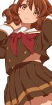  1girl aonori_misuji brown_eyes brown_hair brown_serafuku brown_shirt brown_skirt commentary_request cowboy_shot curly_hair hibike!_euphonium kitauji_high_school_uniform midriff_peek miniskirt neckerchief oumae_kumiko pleated_skirt red_neckerchief sailor_collar sailor_shirt school_uniform serafuku shirt short_hair simple_background skirt solo white_background white_sailor_collar 