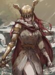  1girl bandaged_arm bandages brown_background brown_dress cape commentary covered_eyes dress elden_ring english_commentary fur-trimmed_cape fur_trim helmet highres long_hair malenia_blade_of_miquella parted_lips prosthesis prosthetic_arm red_cape red_hair snoeflaefk solo teeth visor_(armor) winged_helmet 