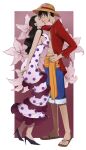  1boy 1girl absurdres bare_shoulders black_hair closed_eyes closed_mouth commentary commission dress earrings english_commentary full_body hat high_heels highres jewelry kiss long_hair long_sleeves meguru_sama monkey_d._luffy one_piece open_clothes polka_dot polka_dot_dress red_shirt scar scar_on_cheek scar_on_chest scar_on_face shirt short_hair sleeveless sleeveless_dress straw_hat viola_(one_piece) 