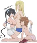  3girls aiz_wallenstein artist_name ass barefoot black_hair blonde_hair blue_eyes blue_shorts bow breast_press breasts commentary_request dungeon_ni_deai_wo_motomeru_no_wa_machigatteiru_darou_ka feet full_body gloves hair_bow hair_ribbon hestia_(danmachi) kneeling large_breasts liliruca_arde long_hair multiple_girls panties parted_lips pink_panties rei_no_himo ribbon shorts shorts_around_one_leg simple_background small_breasts smile soles takahan toes twintails twitter_username underwear underwear_only undressing white_background white_bow white_gloves white_panties white_ribbon 