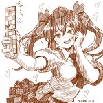  1girl blush cellphone checkered_clothes checkered_skirt collared_shirt commentary_request dated fang greyscale hair_ribbon hat heart himekaidou_hatate holding holding_phone medium_hair monochrome nokimenayu open_mouth phone ribbon shirt short_sleeves sketch skirt smile solo taking_picture tokin_hat touhou twintails 