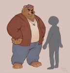 absurd_res ambiguous_gender annoyed anthro bear belly bottomwear clothing denim denim_bottomwear denim_clothing duo hat headgear headwear hi_res jeans jewelry male male/ambiguous male/male mammal necklace overweight overweight_anthro overweight_male pants shirt size_difference smaller_male standing toicobis topwear