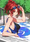  1girl backless_swimsuit black_one-piece_swimsuit breasts bush covered_nipples english_commentary fence goggles goggles_on_head grin highres holding holding_goggles honkai_(series) honkai_impact_3rd kili_kilio long_hair looking_at_viewer murata_himeko one-piece_swimsuit one_eye_closed outdoors pool poolside red_hair signature smile solo swimsuit teeth water yellow_eyes 