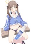 1girl blue_archive blush brown_eyes brown_hair kumadano long_hair moe_(blue_archive) moe_(swimsuit)_(blue_archive) official_alternate_costume open_mouth simple_background smile solo twintails white_background 