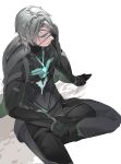  1boy black_bodysuit black_pants bodysuit cyborg eyepatch from_above grey_hair highres pants punishing:_gray_raven purple_eyes sidelocks sitting solo watanabe_(punishing:_gray_raven) white_background yongsadragon 