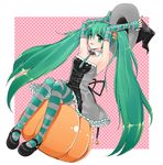  armpits bad_id bad_pixiv_id dress elbow_gloves eloosia fingerless_gloves gloves green_eyes green_hair halloween hat hatsune_miku highres lipstick long_hair makeup mary_janes necktie pumpkin shoes sitting solo striped striped_gloves striped_legwear thighhighs twintails very_long_hair vocaloid witch_hat 