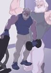  1boy absurdres alternate_costume armpit_hair armpit_hair_peek armpit_peek bara beard beard_over_mouth drayden_(pokemon) dumbbell exercise facial_hair fonzu_(callmefonzu) full_beard full_body gym highres large_pectorals male_focus muscular muscular_male old old_man pants pectorals pokemon pokemon_bw shirt short_hair sidepec sleeveless sleeveless_shirt thick_beard thick_eyebrows unfinished weightlifting white_hair wrinkled_skin 